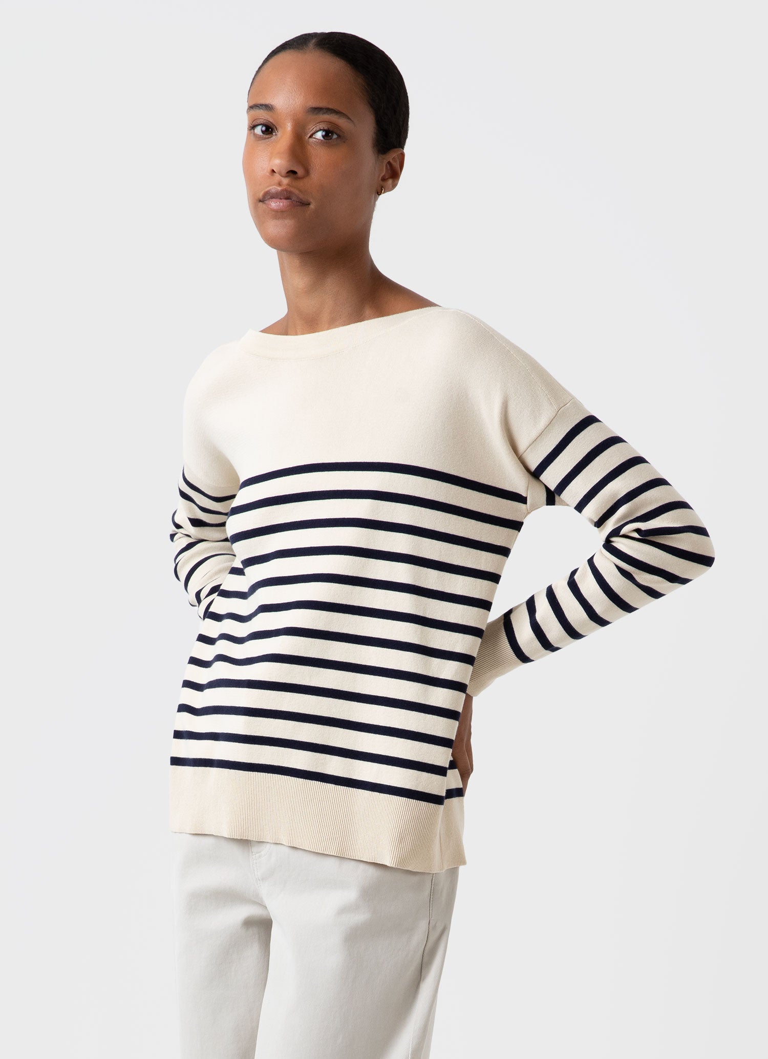 Women s Breton Stripe Jumper in Ecru Navy Breton Stripe Sunspel