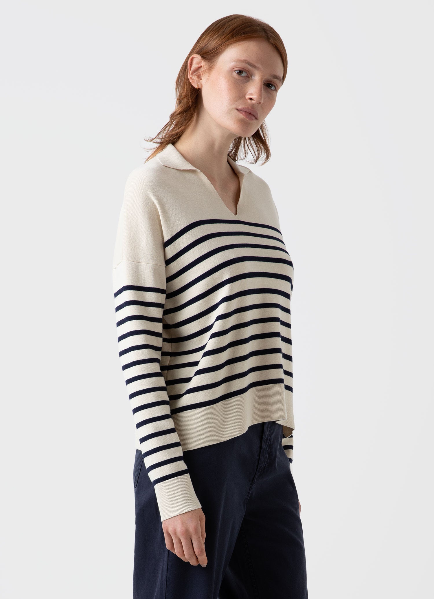 Women s Open Neck Jumper in Ecru Navy Breton Stripe Sunspel