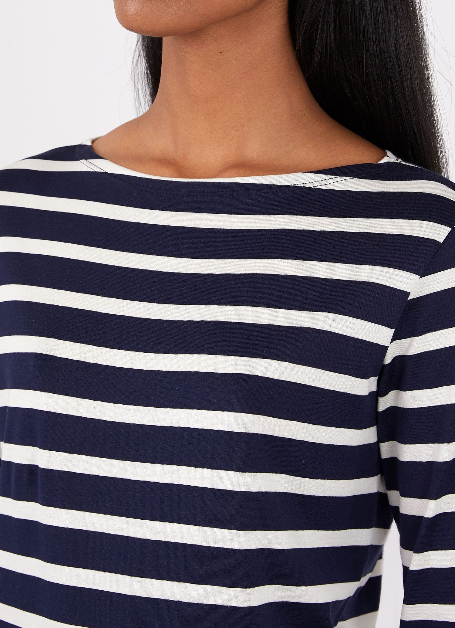 Women's 3/4 Sleeve Boat Neck T-shirt in Navy/Ecru Breton