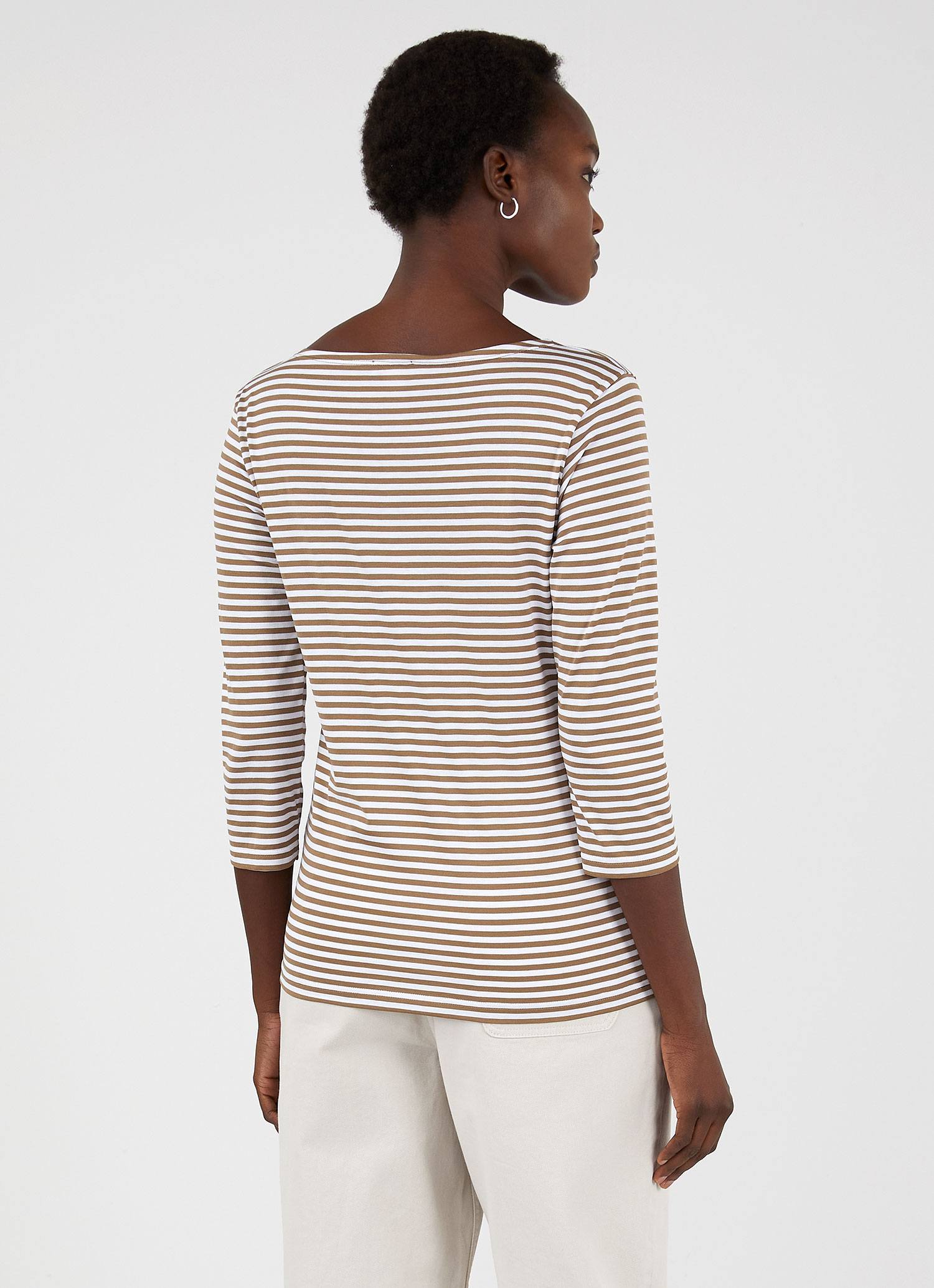 Women's 3/4 Sleeve Boat Neck T-shirt in Dark Tan/White