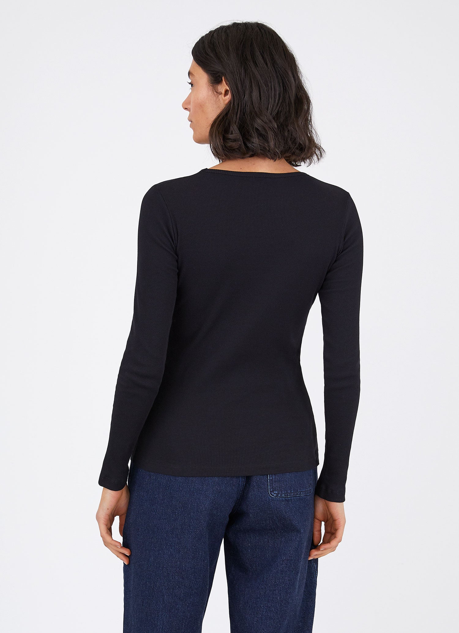 Women's Organic Cotton Rib Long Sleeve T-shirt in Black | Sunspel