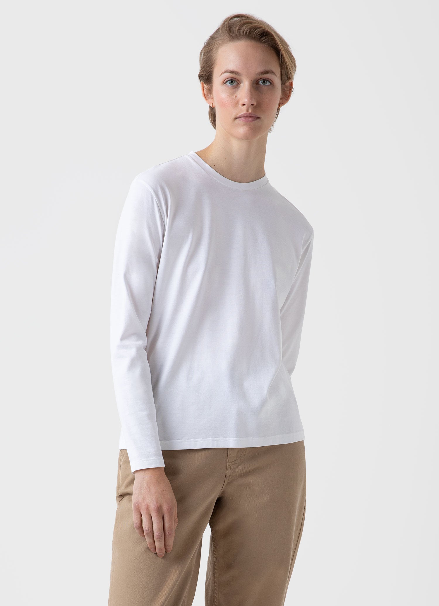 Women's Long Sleeve Boy Fit T-shirt in White | Sunspel